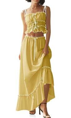 2 Piece Skirt Set Spaghetti Strap Ruffle Crop Top and Flowy Skirt
